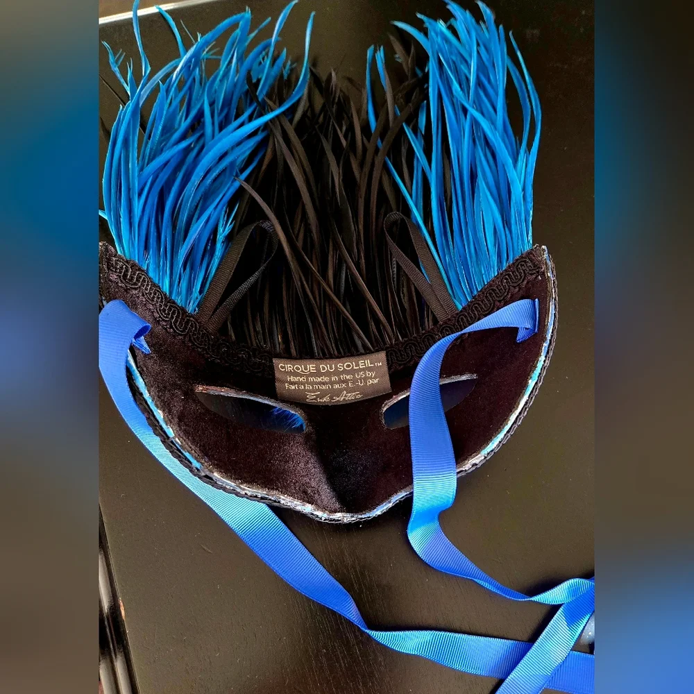 Blue and Black Feathered Masquerade Mask Cirque Du Soliel Erik Attia